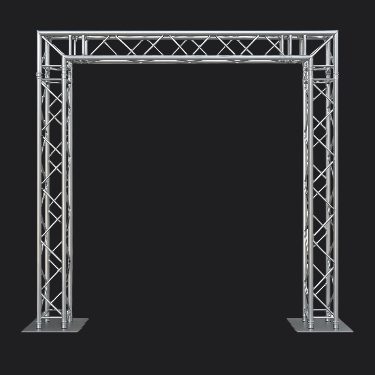 3D-render van een aluminium trussboog van Qpparty, 2,3 meter hoog en 6,6 meter breed, weergegeven tegen een donkere achtergrond.