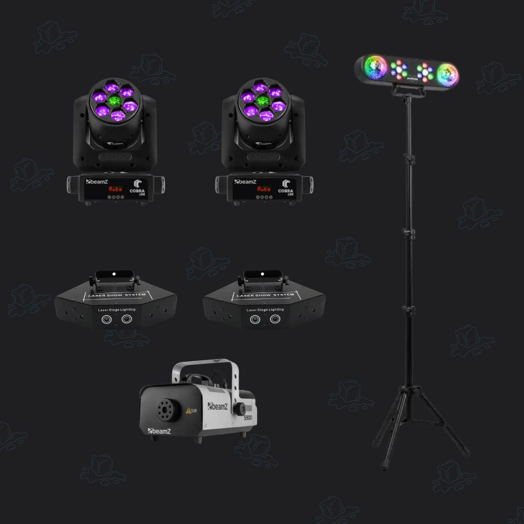 Lichtpakket met twee moving heads, twee lasers, led-partybar en rookmachine van Qpparty