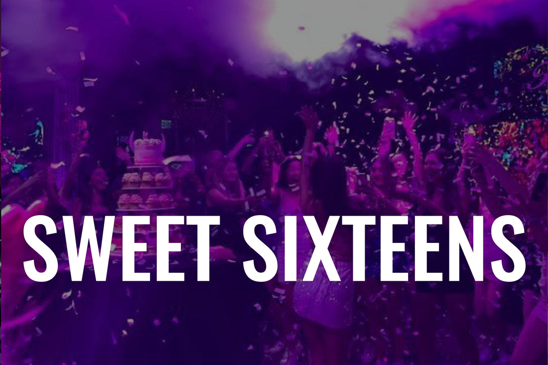Sweet Sixteen feest met dansende jongeren en confetti onder paarse verlichting.