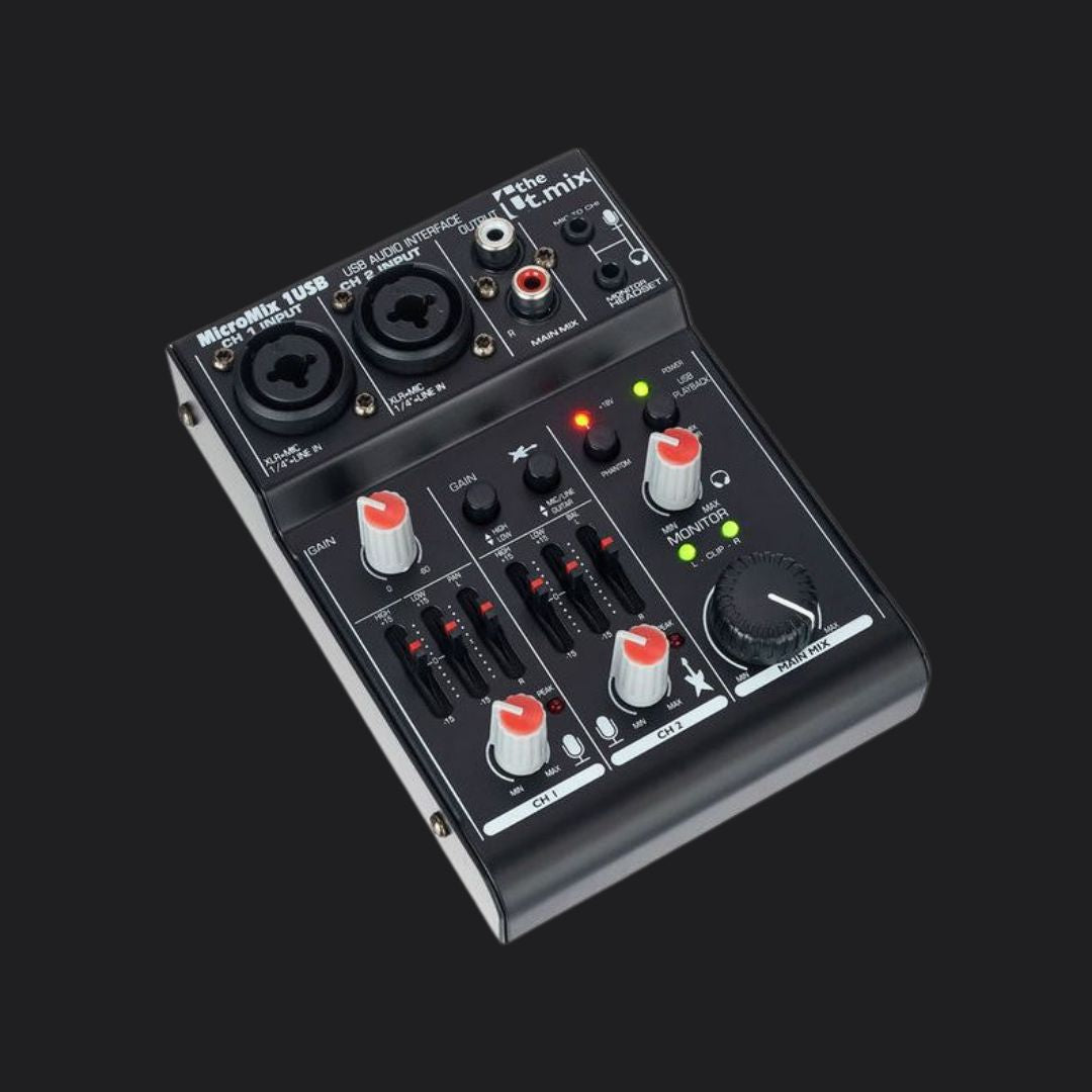 The t.mix MicroMix 1 USB mengpaneel schuin van boven, met twee ingangen, draaiknoppen en schuifregelaars.