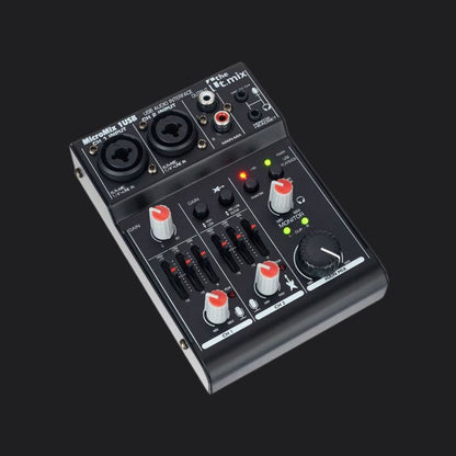 The t.mix MicroMix 1 USB mengpaneel schuin van boven, met twee ingangen, draaiknoppen en schuifregelaars.