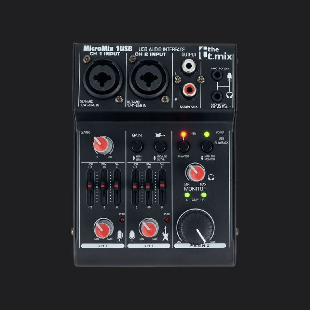 Bovenaanzicht van het the t.mix MicroMix 1 USB mengpaneel met twee ingangen, volumeregelaars en audioaansluitingen.