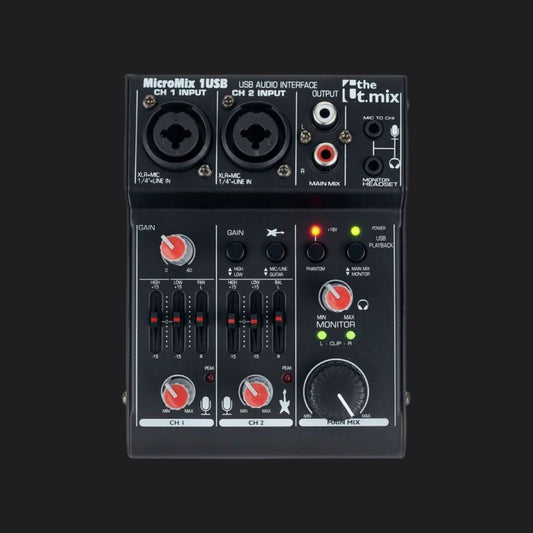 Bovenaanzicht van het the t.mix MicroMix 1 USB mengpaneel met twee ingangen, volumeregelaars en audioaansluitingen.