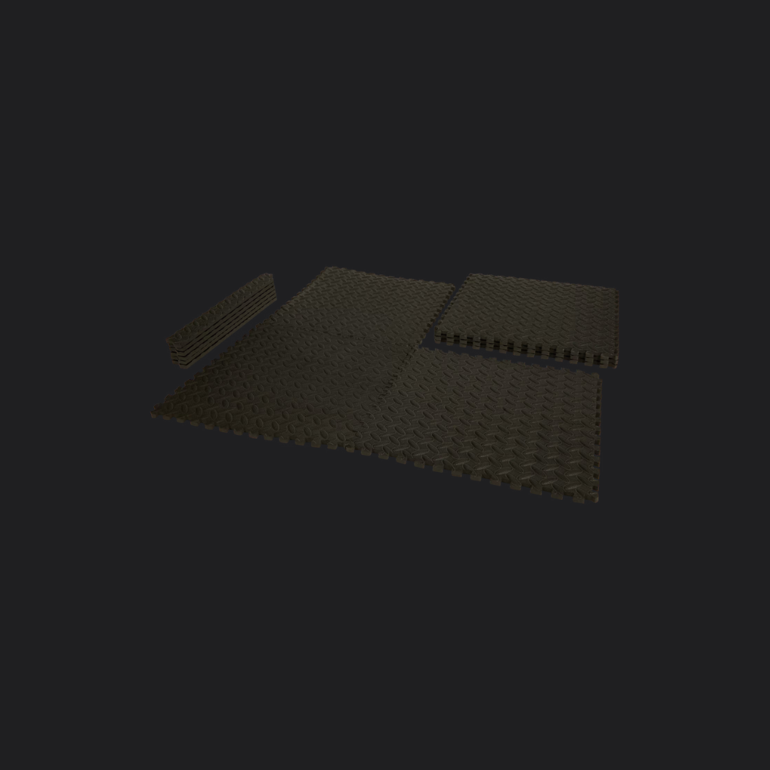 Zwarte modulaire vloerdelen voor Qpparty opblaastenten, bestaande uit meerdere panelen voor grasbescherming.