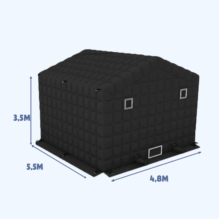 3D-render van een zwarte Qpparty opblaastent met afmetingen van 3,5 meter hoog, 5,5 meter lang en 4,8 meter breed, weergegeven met maatlijnen.