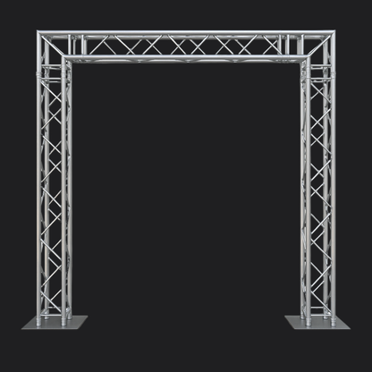 3D-render van een aluminium trussboog van Qpparty, 2,3 meter hoog en 6,6 meter breed, weergegeven tegen een donkere achtergrond.