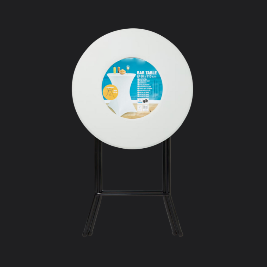 Ronde Statafel met afmetingen 110 x 80 x 80 centimeter. Materiaal: metaal, kunststof  en maximale belastbaarheid 75 kg.