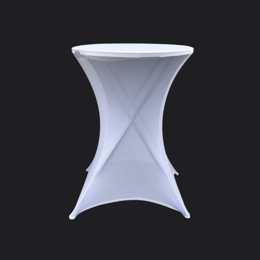 Statafel met witte tafelrok, geschikt voor evenementen en feesten.