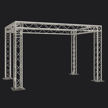 3D-render van een aluminium truss constructie met vier staanders en een rechthoekig bovenframe, weergegeven tegen een donkere achtergrond.