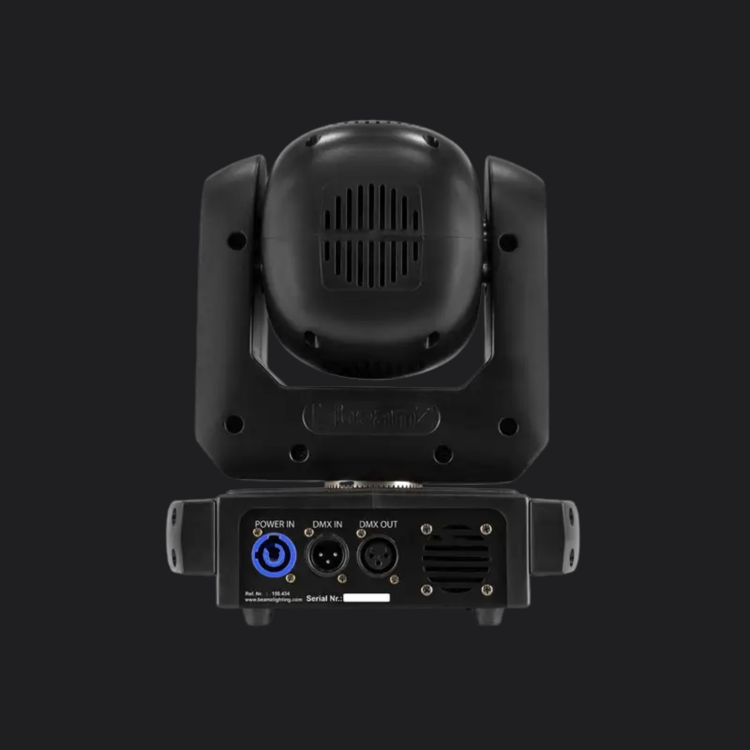 Achterzijde van de BeamZ Cobra 160 moving head met stroom- en DMX-aansluitingen.