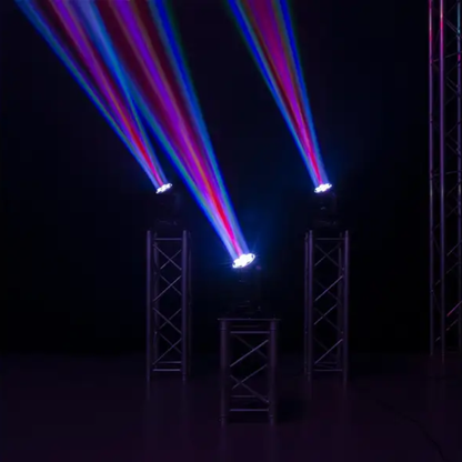 Drie BeamZ Cobra 160 moving heads projecteren kleurrijke laserstralen tussen truss-pilaren.