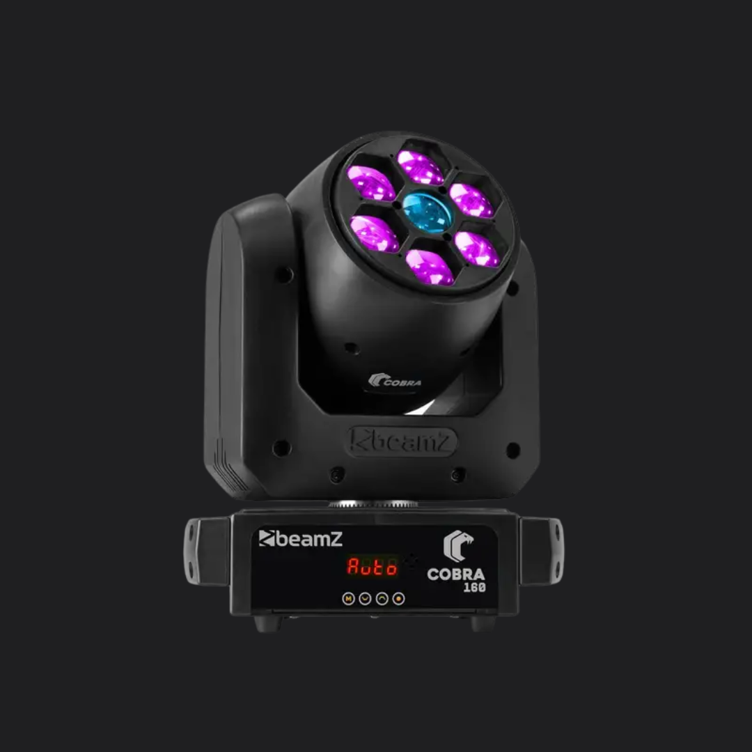 Vooraanzicht van de BeamZ Cobra 160 moving head met verlichte B-eye-lenzen.