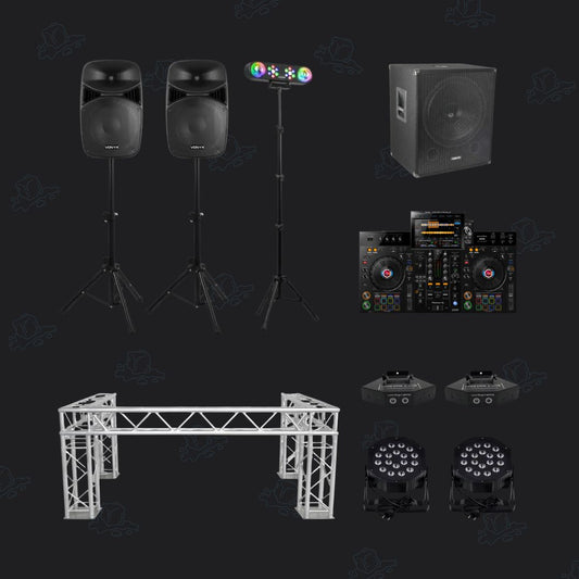 Complete DJ-show met DJ-booth, draaitafel, speakers, subwoofer en verlichting