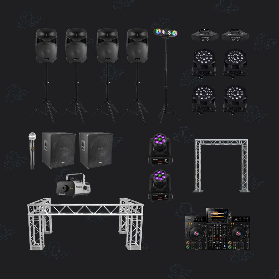 Complete DJ-show met DJ-booth, draaitafel, speakers, subwoofers, lichtboog, moving heads, rookmachine en microfoon