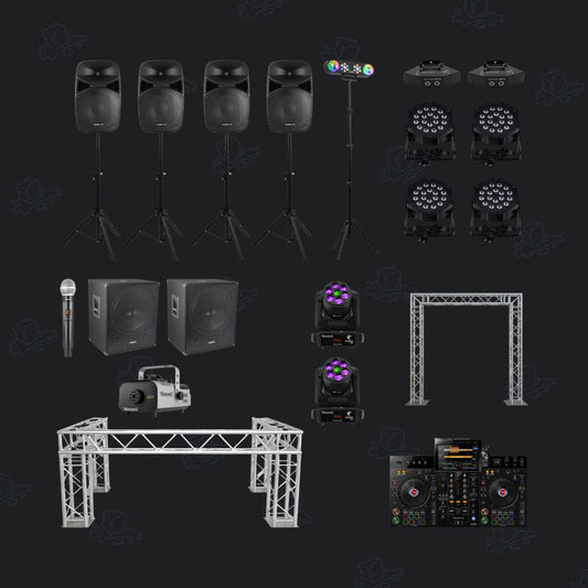 Complete DJ-show met DJ-booth, draaitafel, speakers, subwoofers, lichtboog, moving heads, rookmachine en microfoon