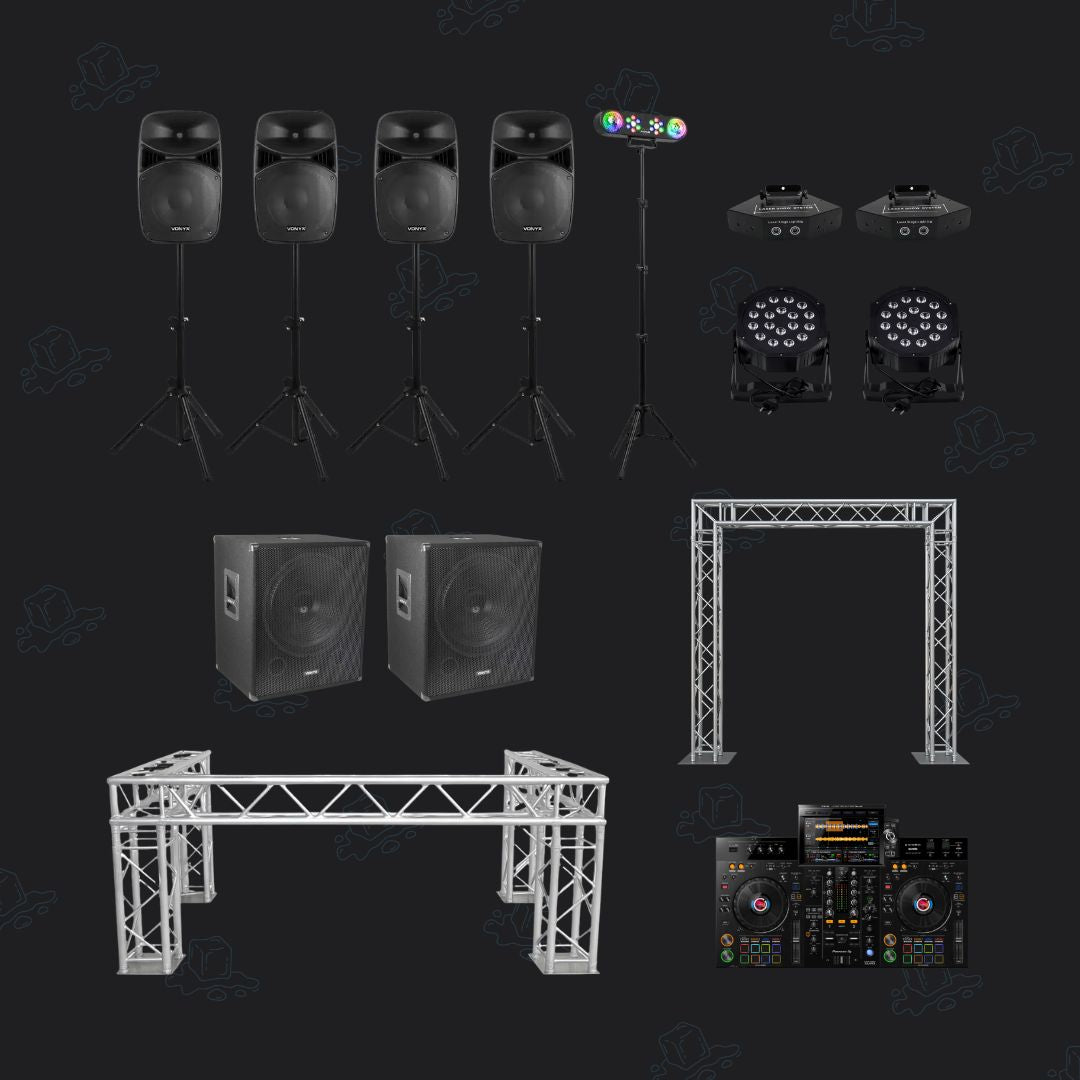 Complete DJ-show Plus met truss DJ-booth, lichtboog, draaitafel, vier speakers, twee subwoofers en licht