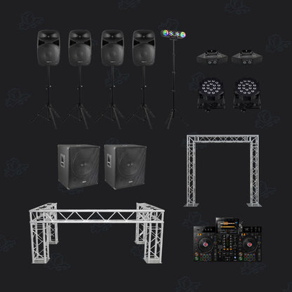 Complete DJ-show Plus met truss DJ-booth, lichtboog, draaitafel, vier speakers, twee subwoofers en licht