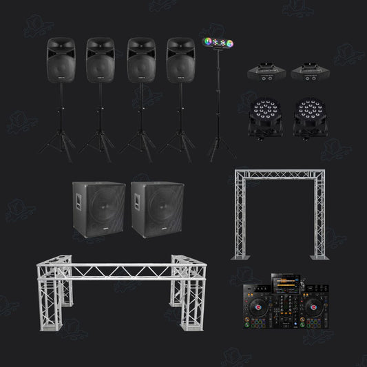 Complete DJ-show Plus met truss DJ-booth, lichtboog, draaitafel, vier speakers, twee subwoofers en licht