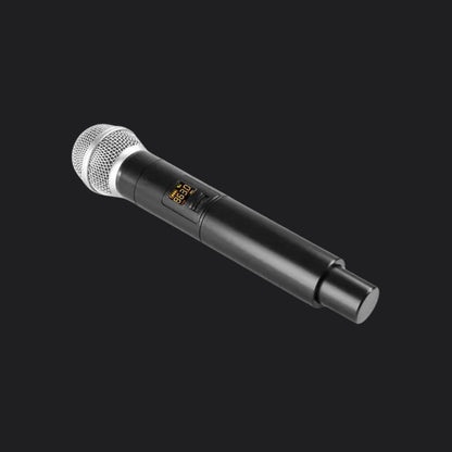 Zwarte draadloze microfoon met digitaal display voor karaoke, speeches en presentaties.