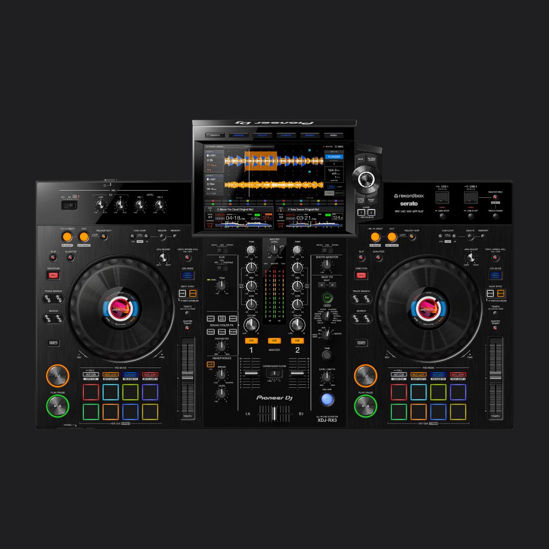 Pioneer XDJ-RX3 all-in-one DJ-systeem met twee decks en een 10,1-inch touchscreen.